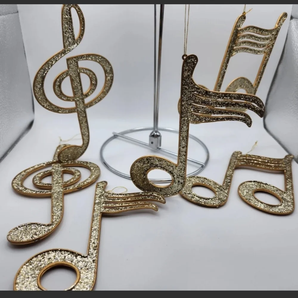 Christmas Ornament, Set of 6 Musical Themed, Gold glitter